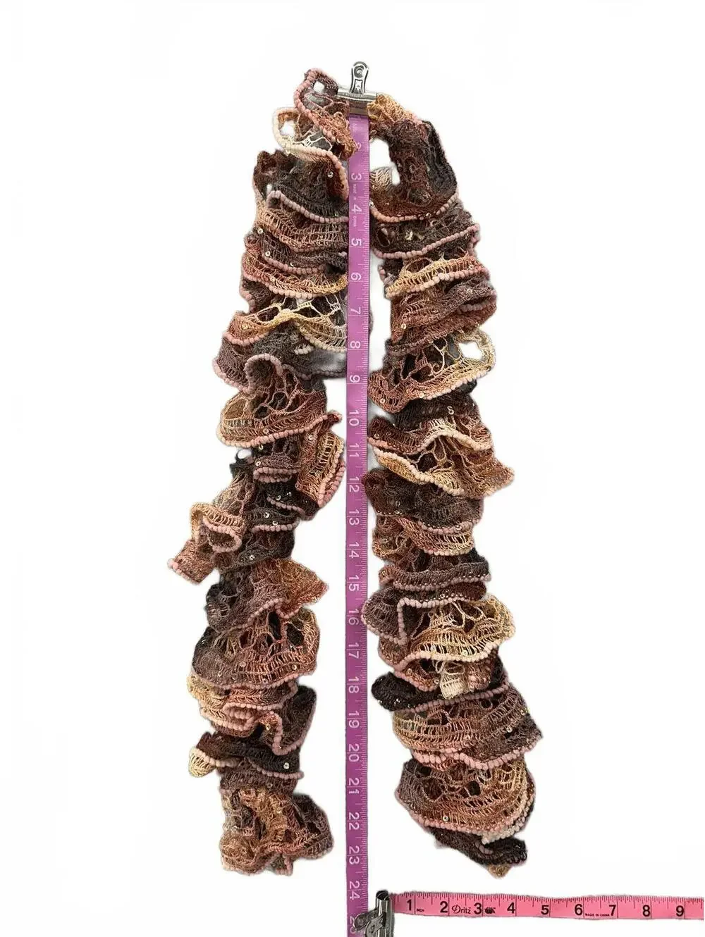 Handmade Bohemian Ruffled Crochet Scarf with Sequins Brown Pink Vintage